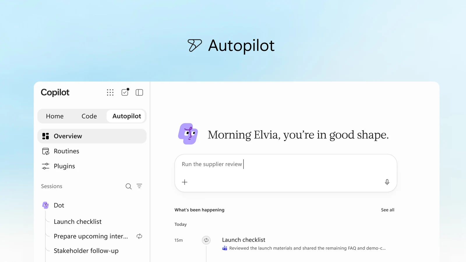 Copilot Autopilot launch image with routines, plugins, a supplier-review request and recent background activity.
